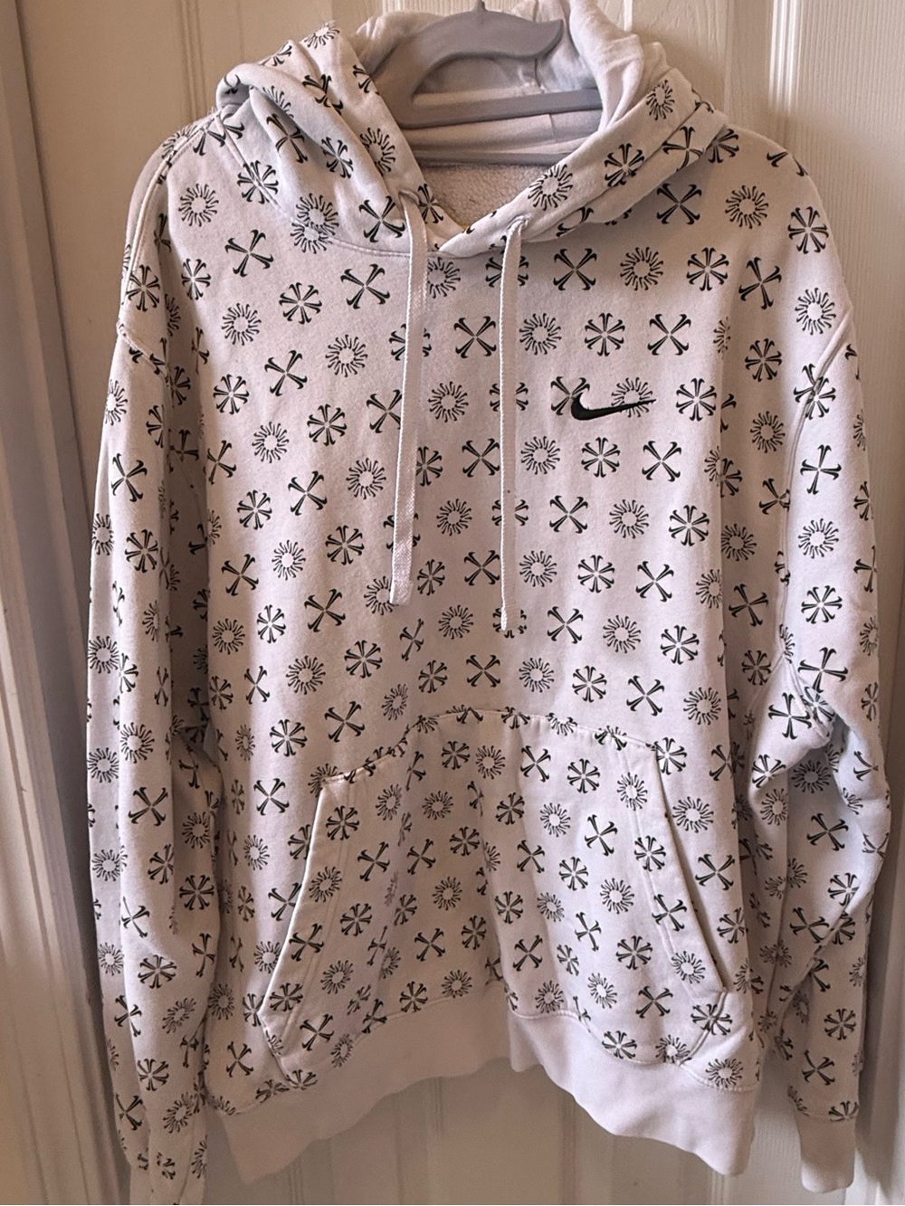 Nike Men’s White Hoodie with Black All-Over Pattern